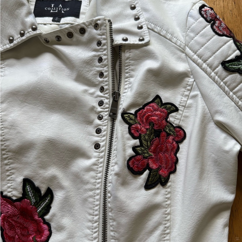 Embroidered studded faux leather moto jacket - Picture 4 of 12